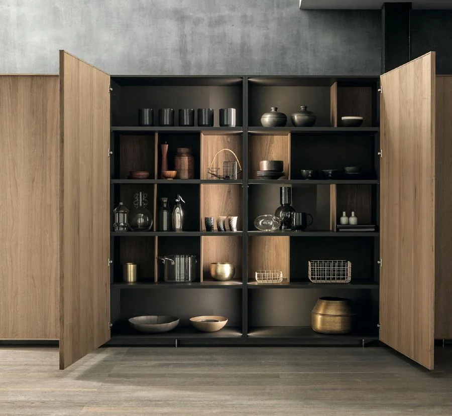 Open tall kitchen cabinet showing internal storage configuration
