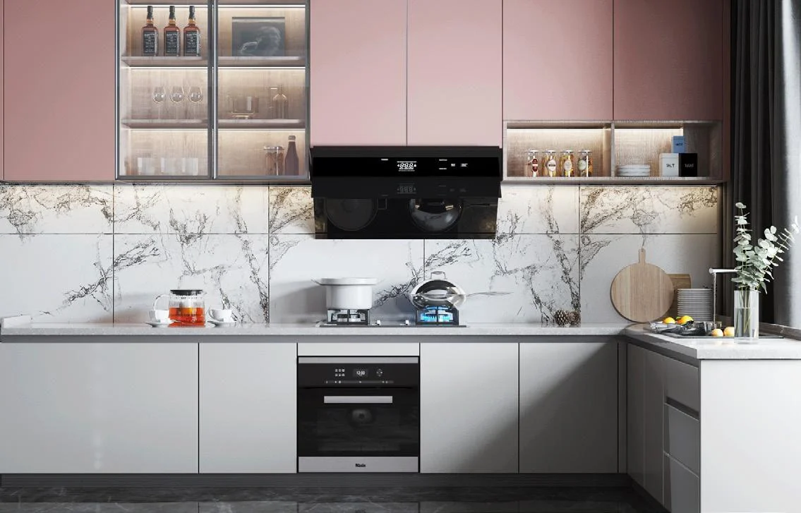 Two-tone lacquer kitchen cabinets with integrated lighting