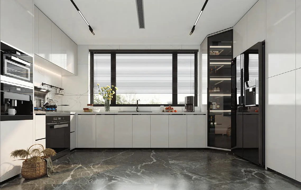 Grey melamine kitchen cabinetry with black worktops