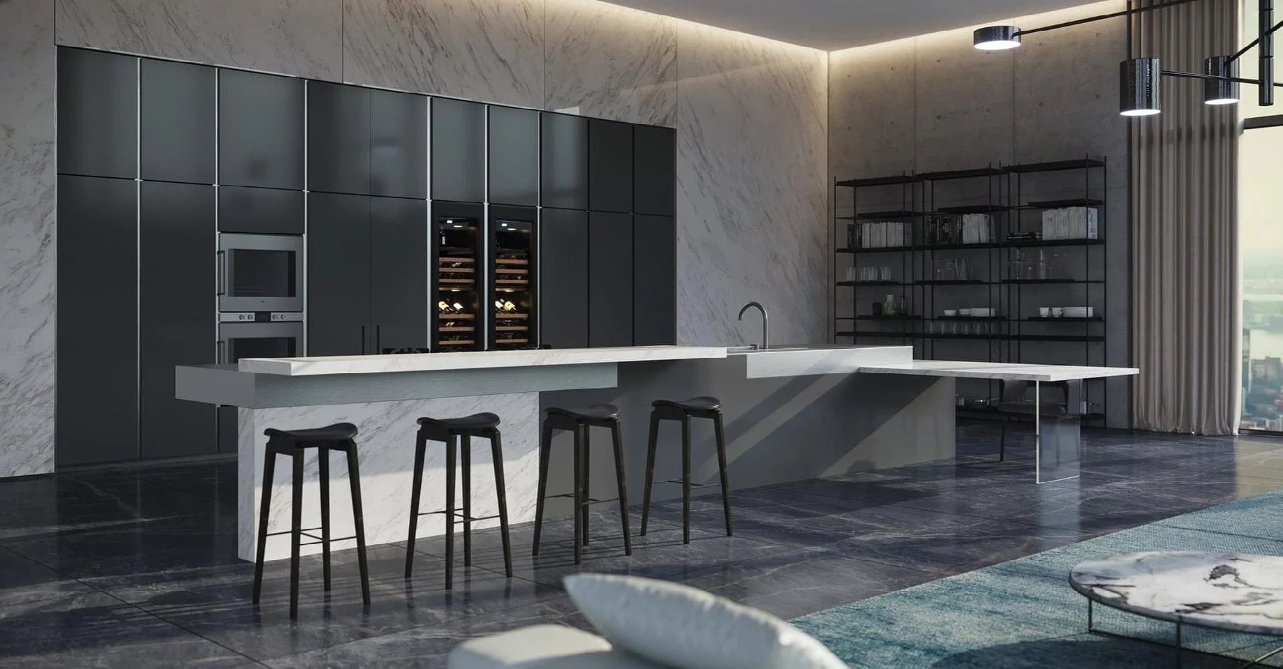 Dark modern slab-front kitchen with island and full-height cabinetry