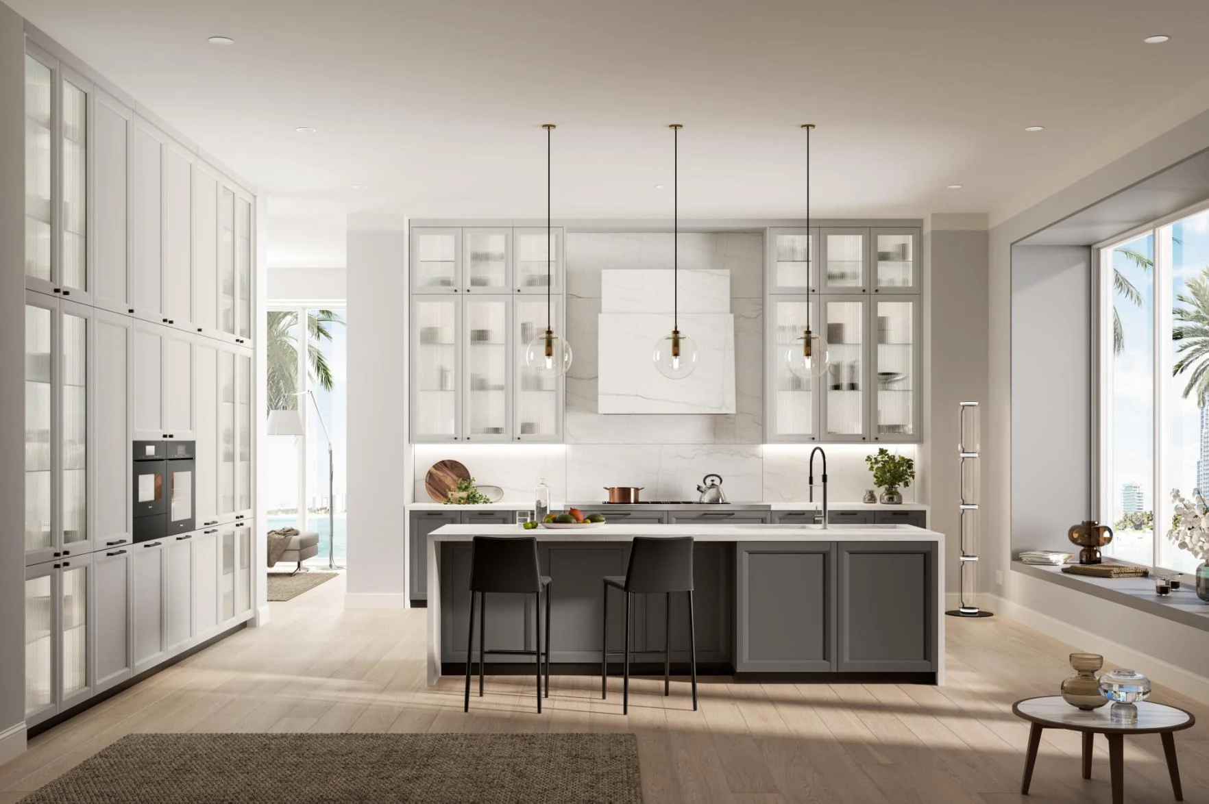 Light shaker kitchen cabinets with glazed display units and island