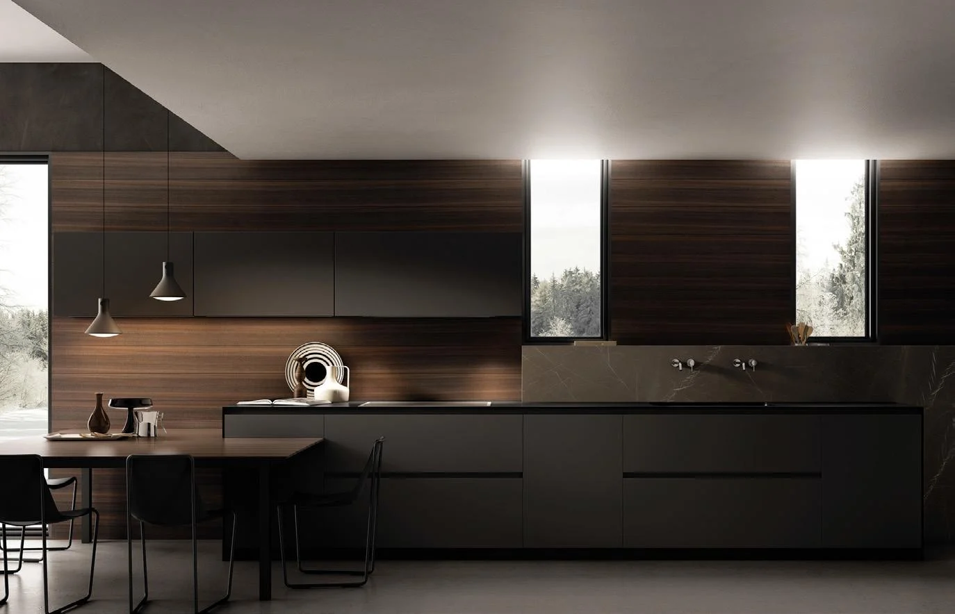 Dark modern slab-front kitchen with continuous cabinetry