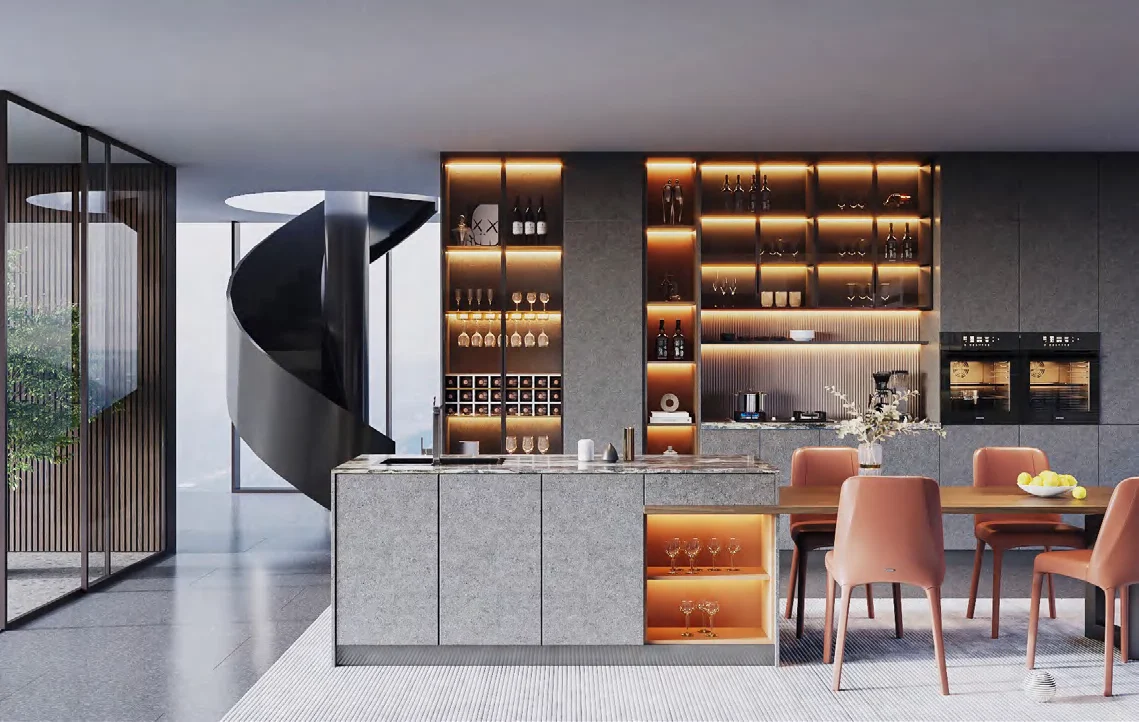 Modern kitchen with illuminated display cabinets and island