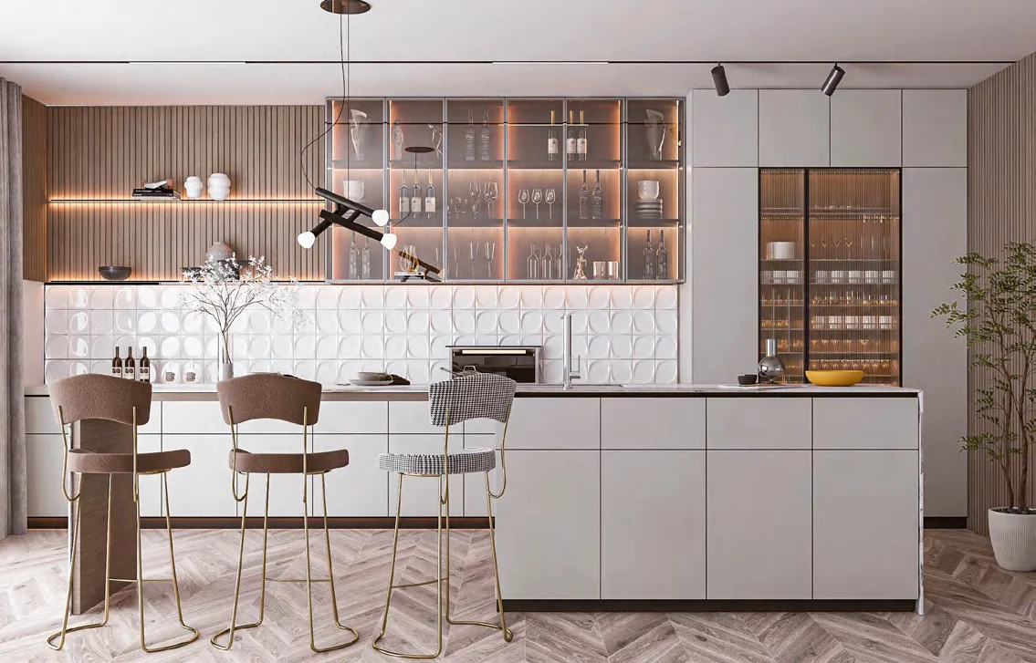 Modern kitchen island with illuminated display storage