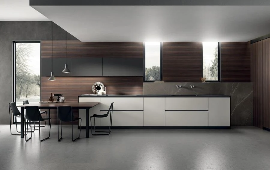 Modern black and white slab-front kitchen with wood backsplash
