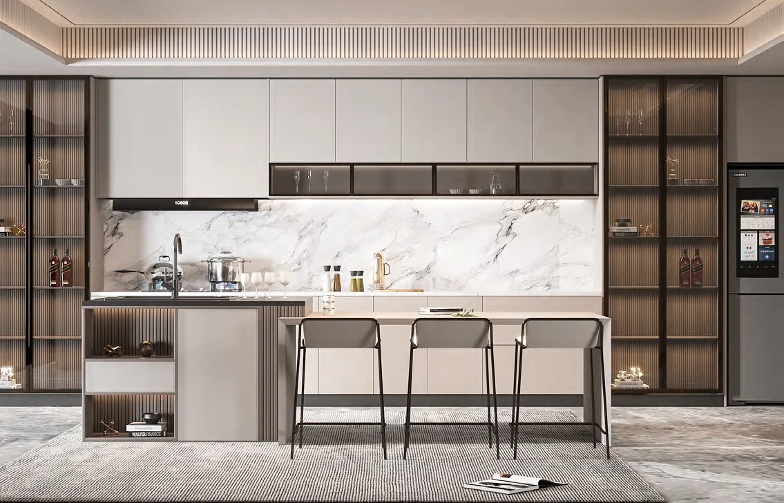 Modern U-shaped kitchen with island, tall units and display storage