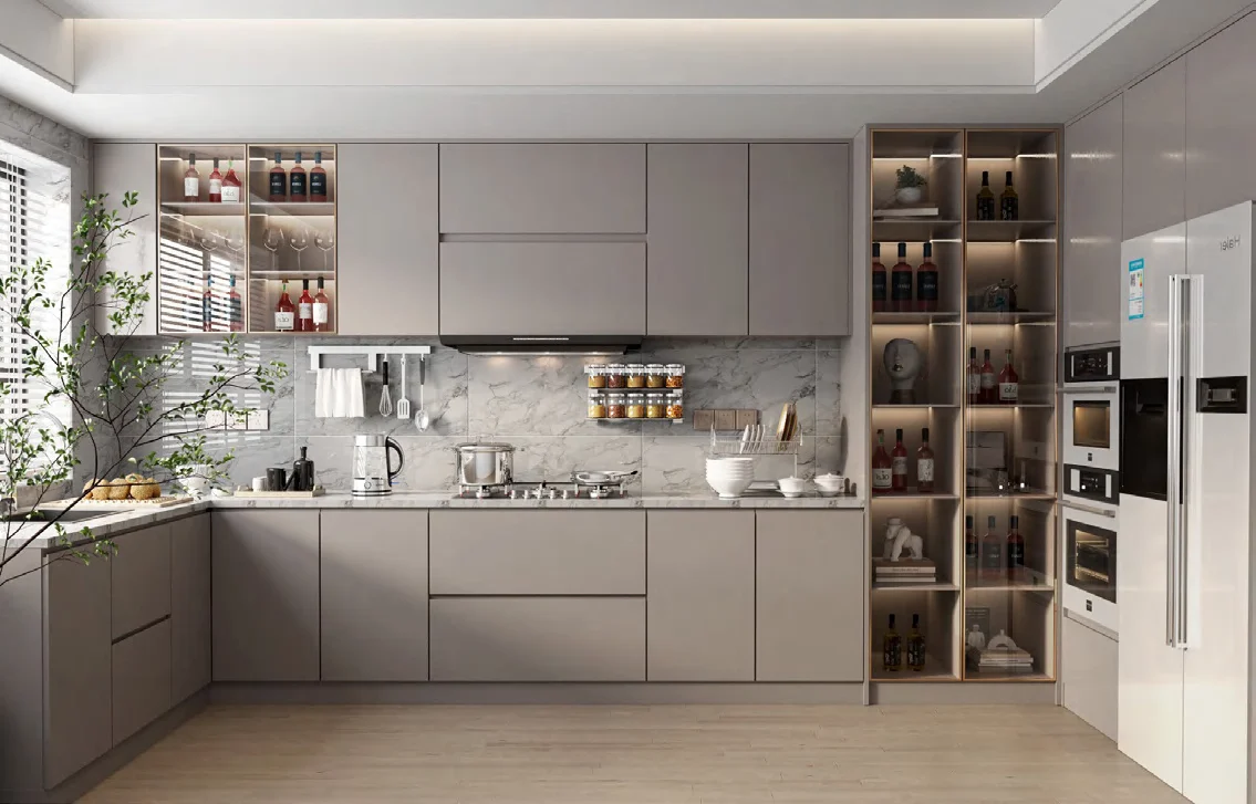 Modern kitchen with tall pantry storage, refrigerator and open display