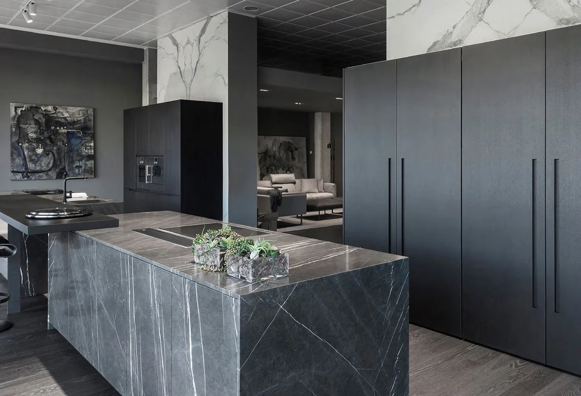 Dark modern tall-unit wall with integrated appliances and stone island