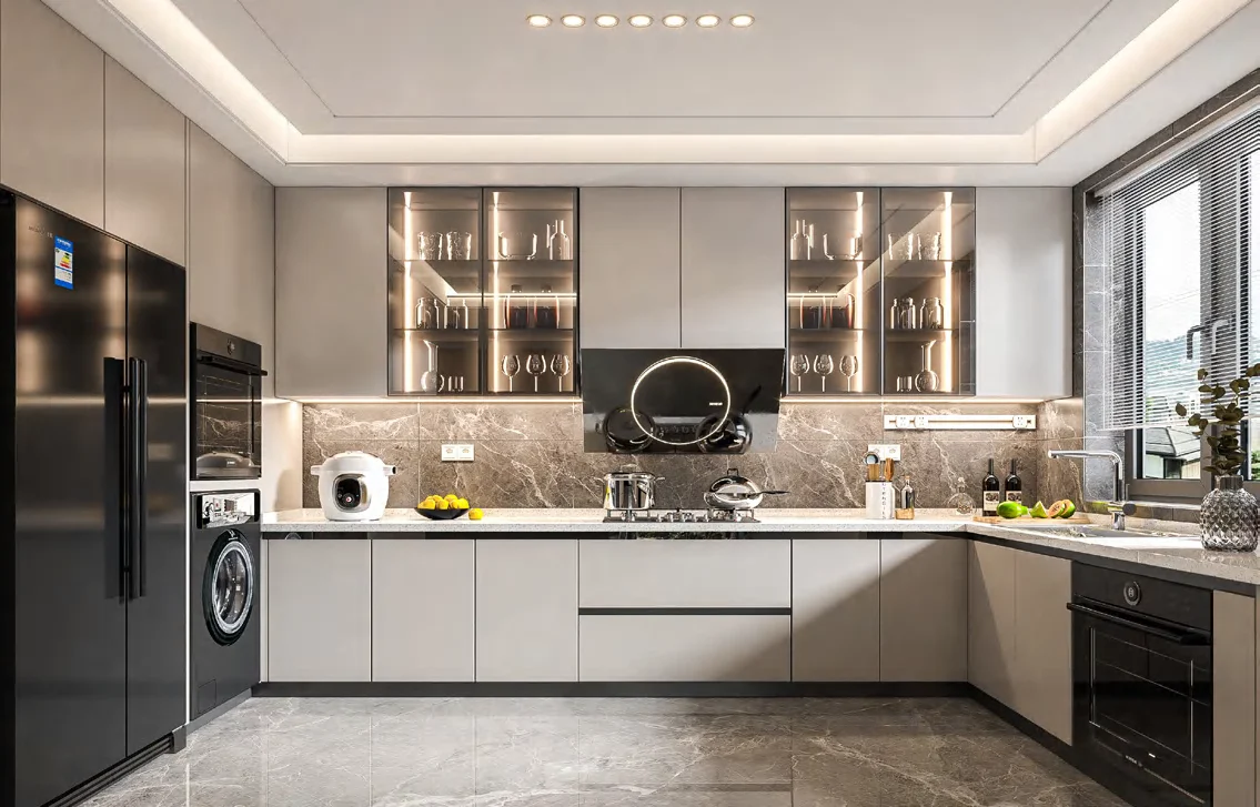 Two-tone modern kitchen with grey and white cabinetry