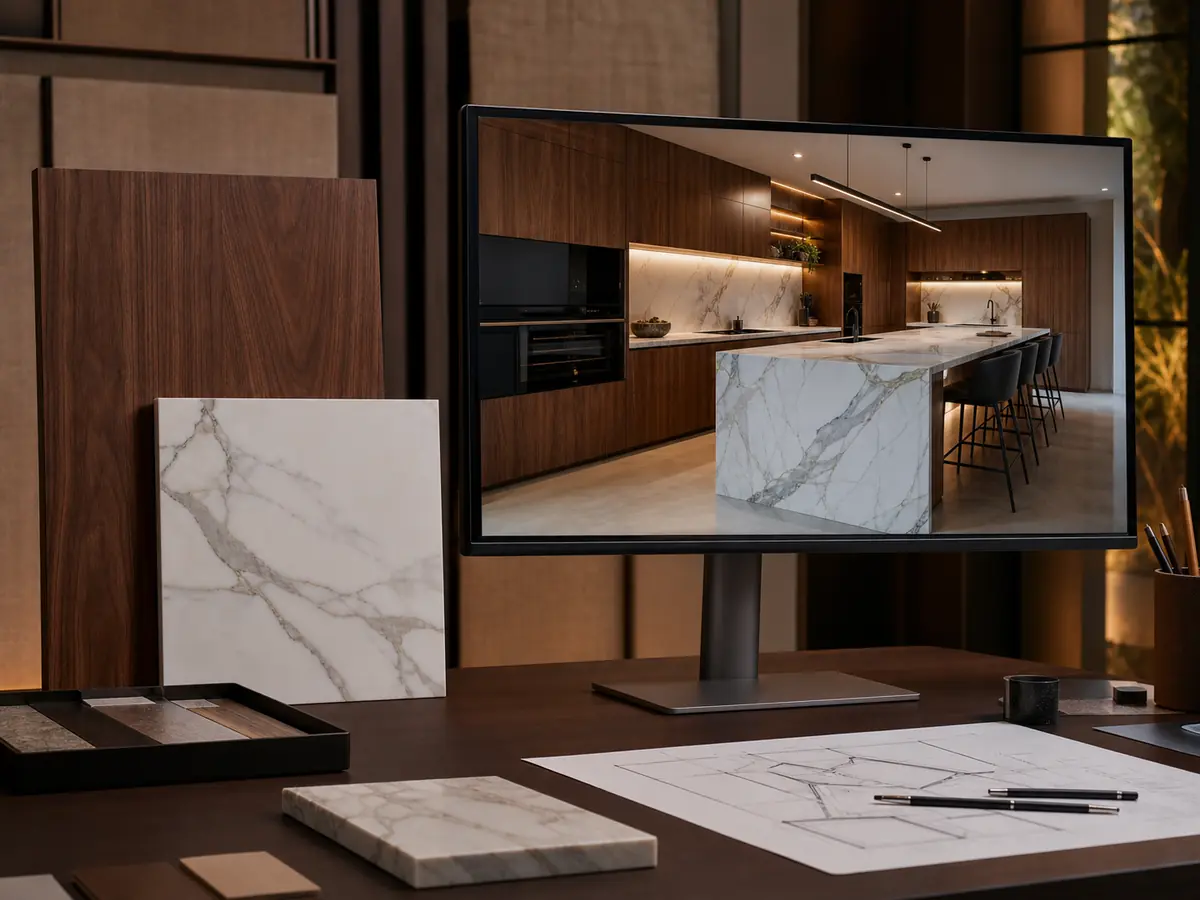 Cabinet design workstation with material samples, hardware, drawings and a kitchen visualisation