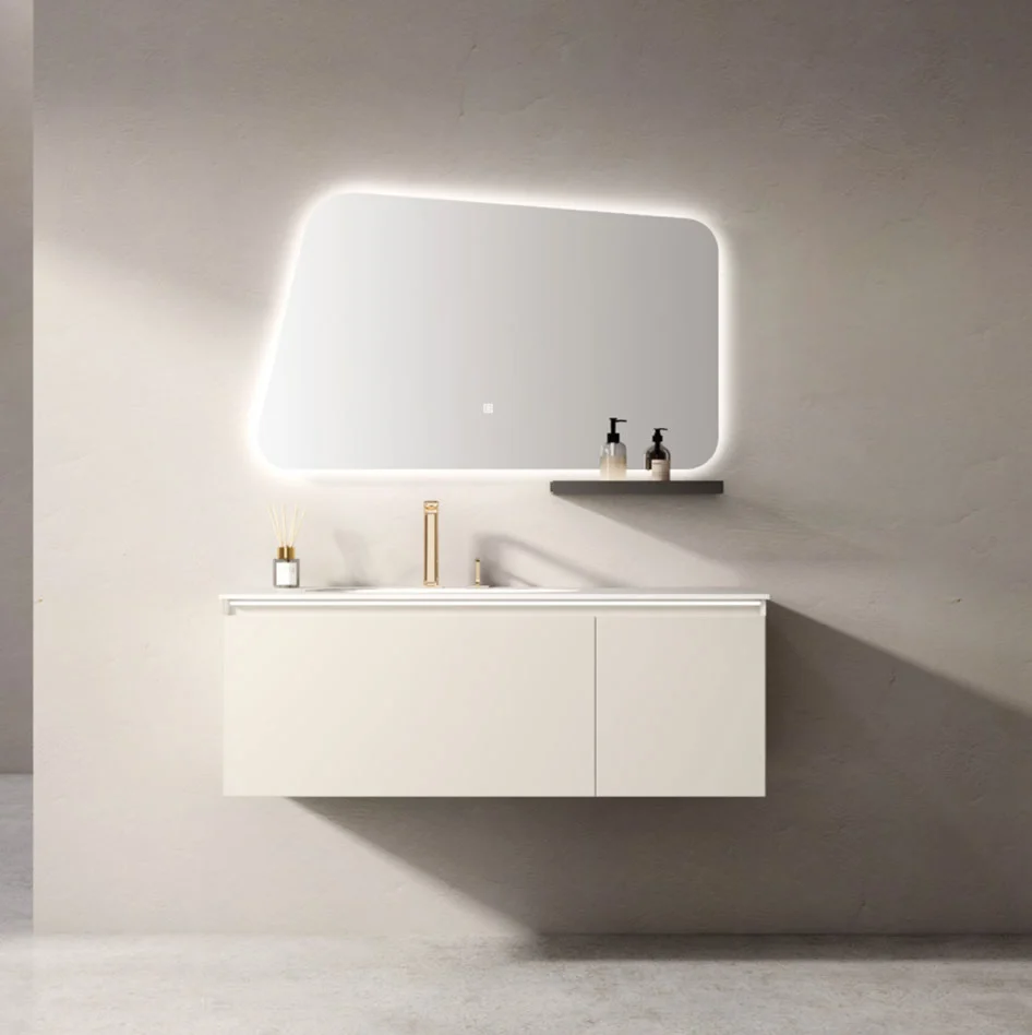 Floating bathroom vanity with illuminated rectangular mirror