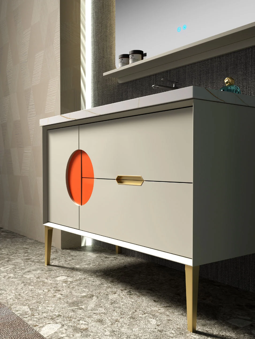 Freestanding bathroom vanity with framed front and metal legs