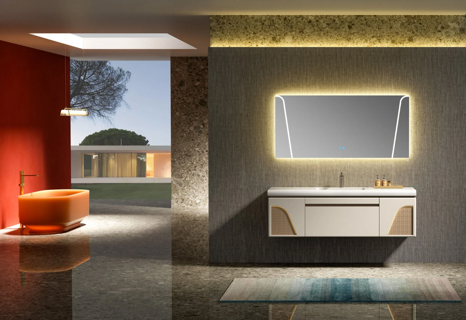 Wall-hung bathroom vanity with illuminated mirror in a modern interior