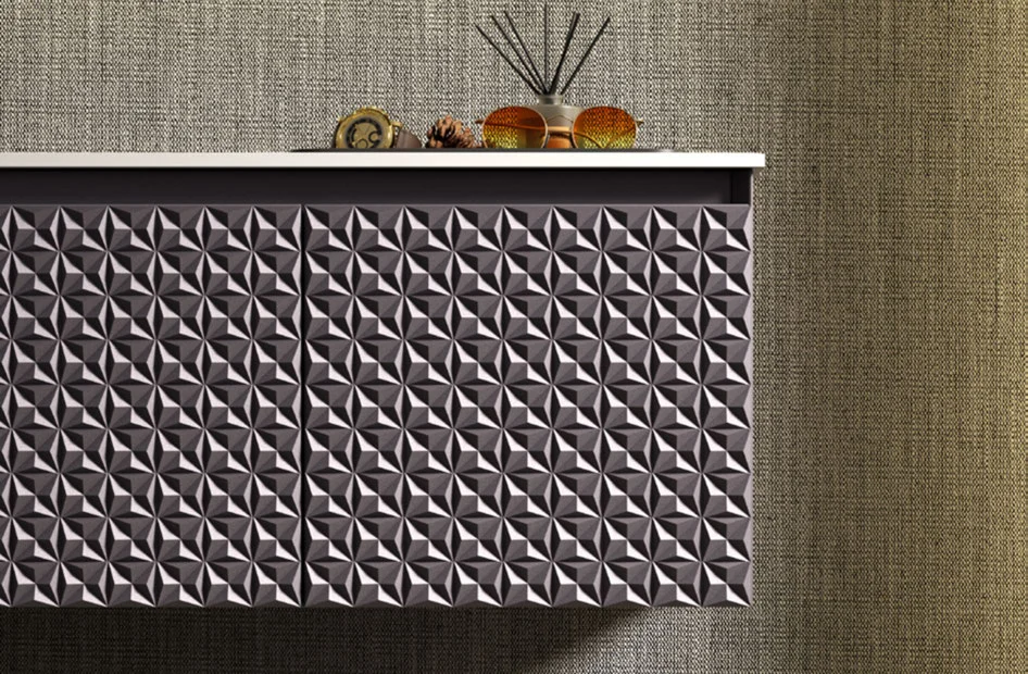 Textured bathroom vanity front with stone countertop