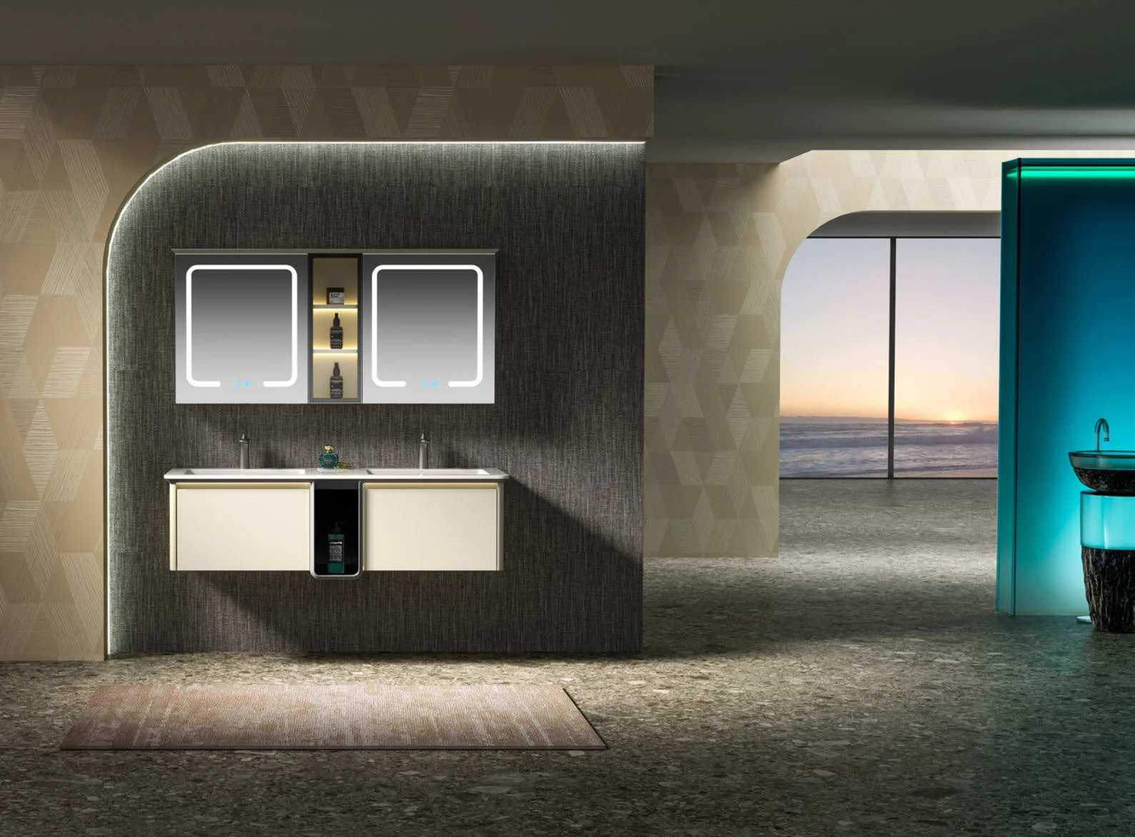 Wall-hung vanity and mirror in a dark bathroom setting