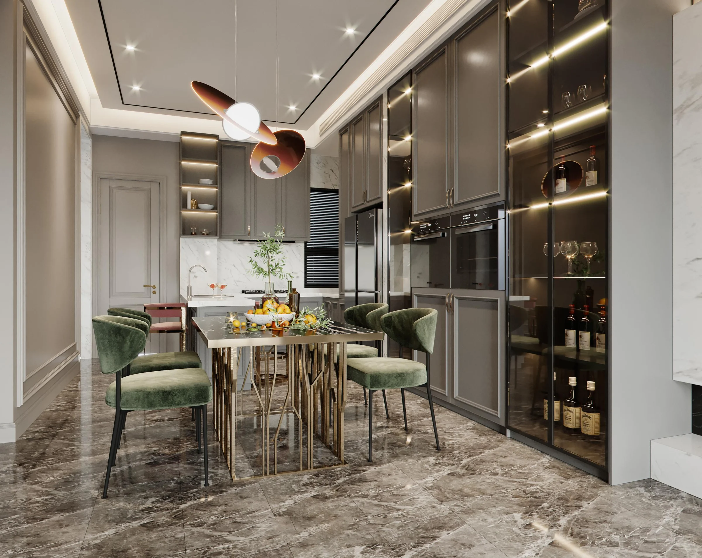 Dining-room bar cabinetry with glass display and integrated lighting
