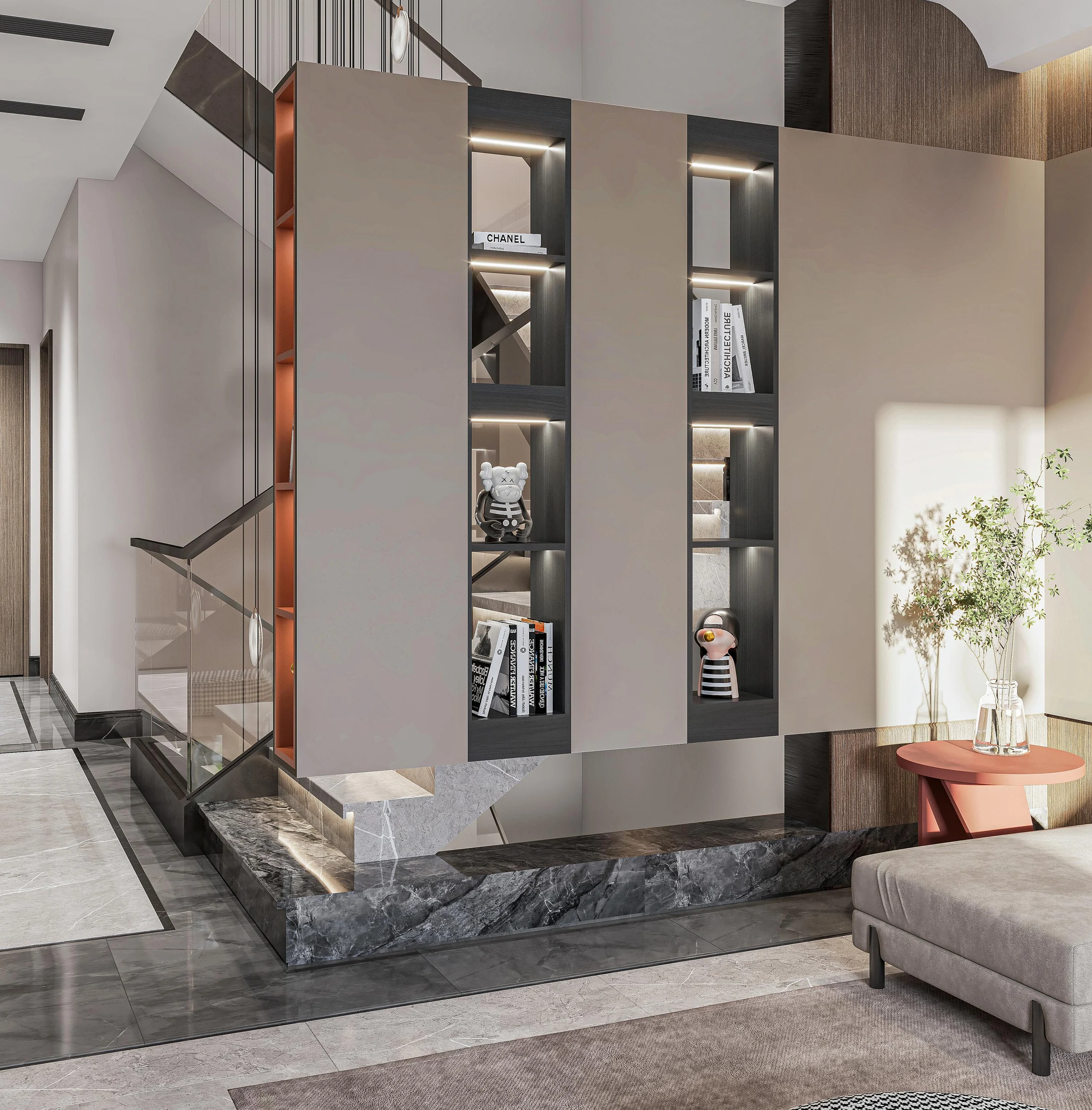 Integrated storage wall dividing an open living space