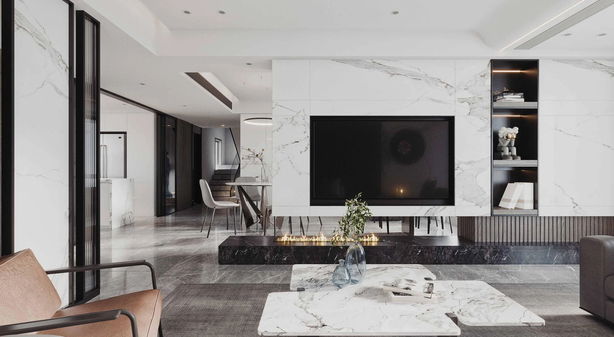 Large living-room feature wall with TV and illuminated cabinetry