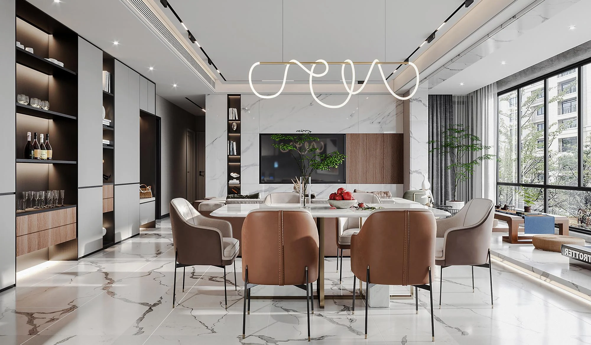 Integrated dining-room cabinetry and feature wall in a bright interior