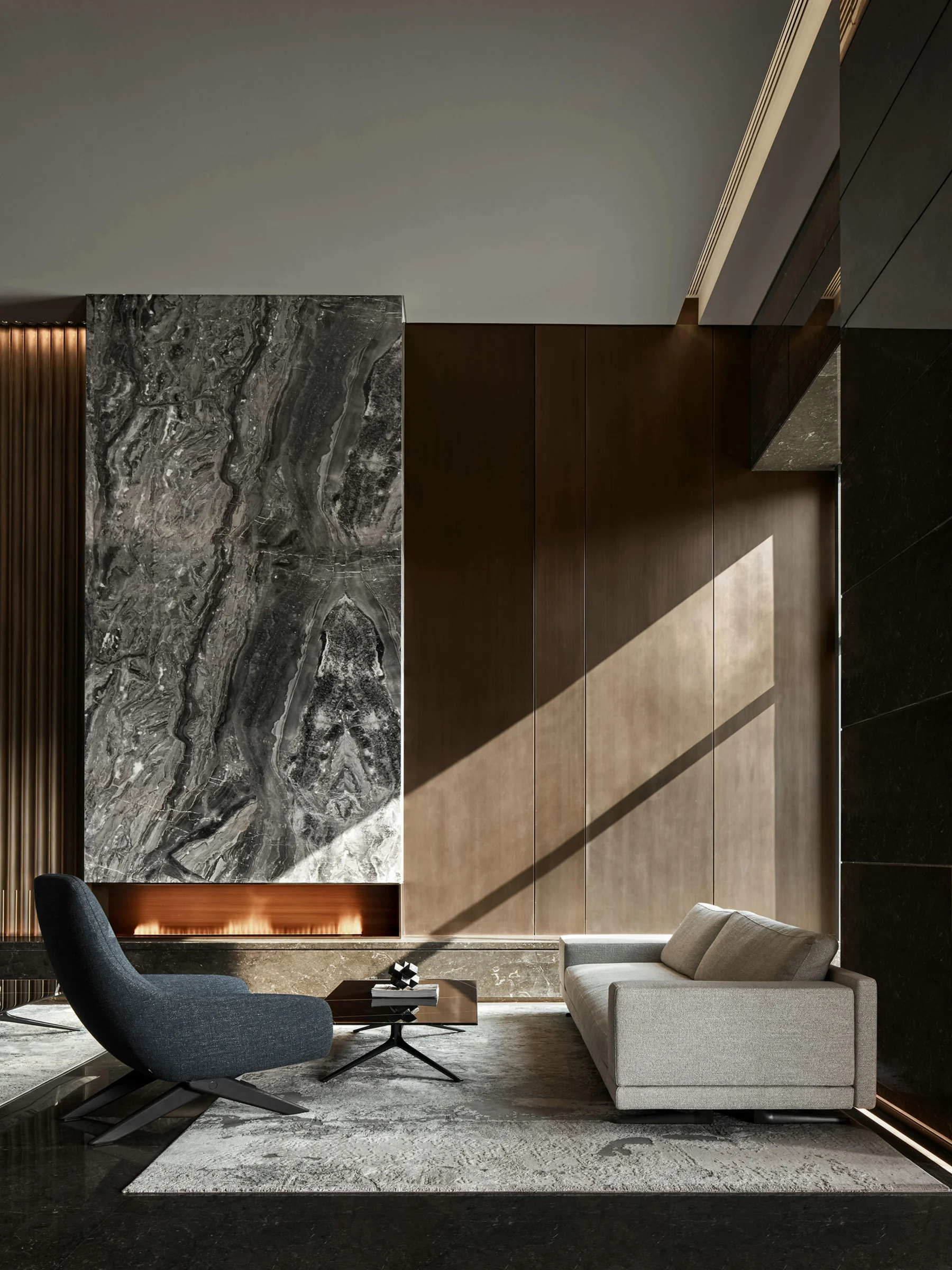 Feature wall combining stone and dark wood cabinetry