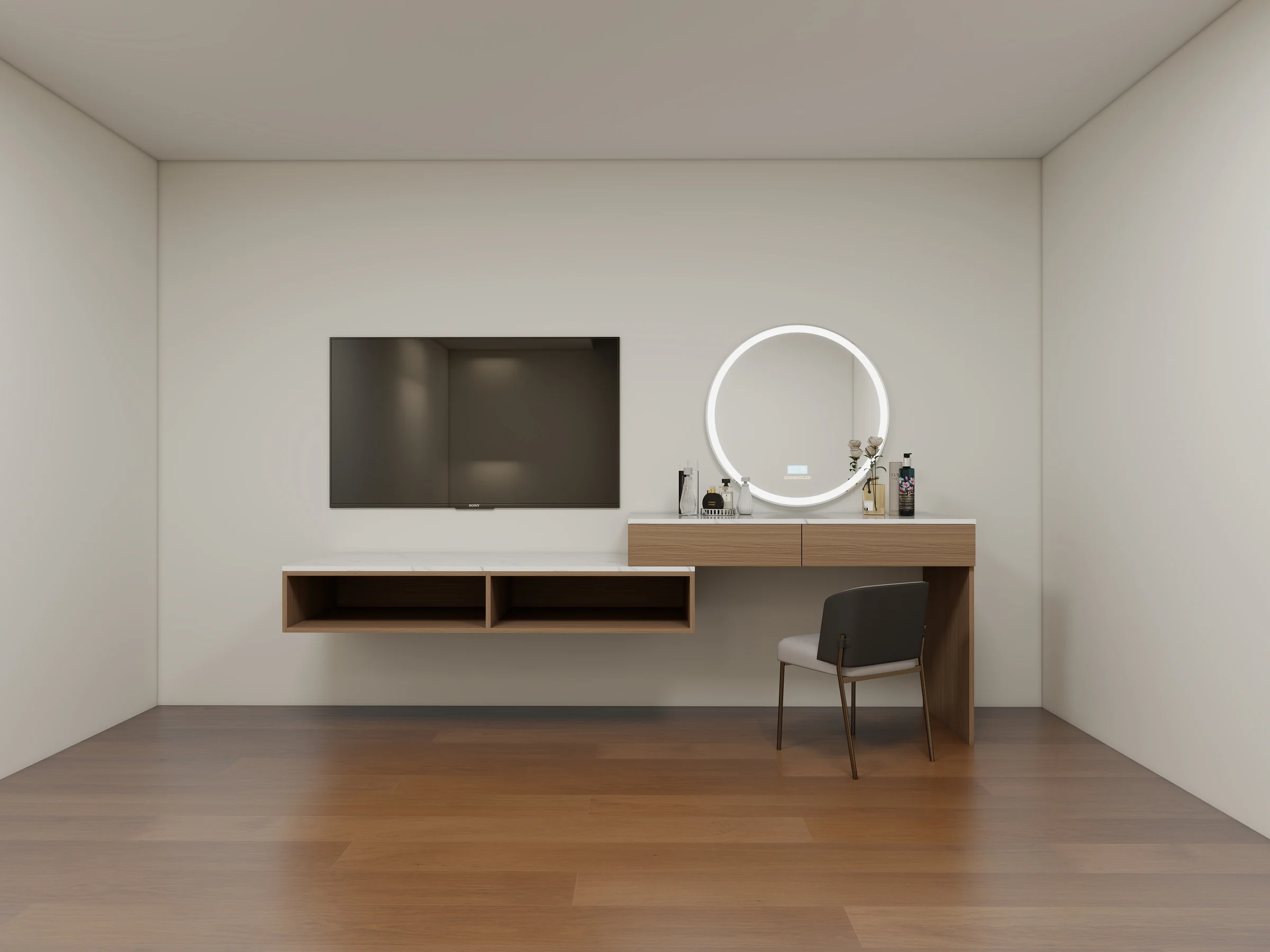 Built-in desk and shelving in a bright interior