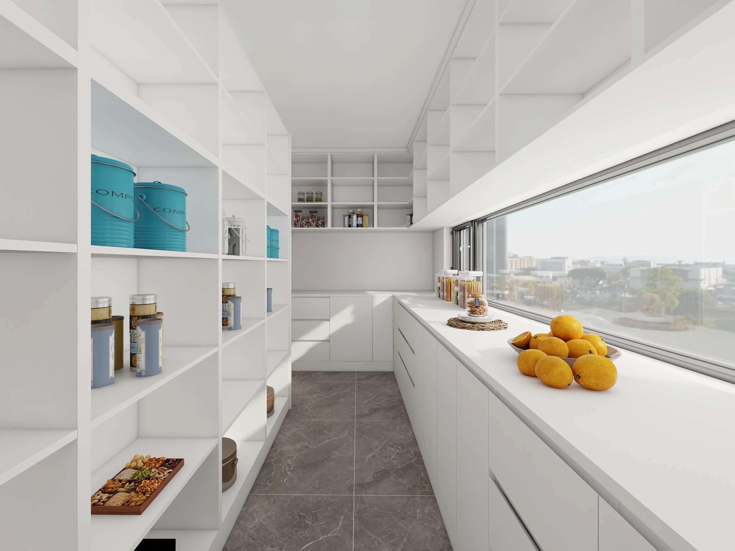 Bright full-height pantry and utility storage cabinetry beside a long window