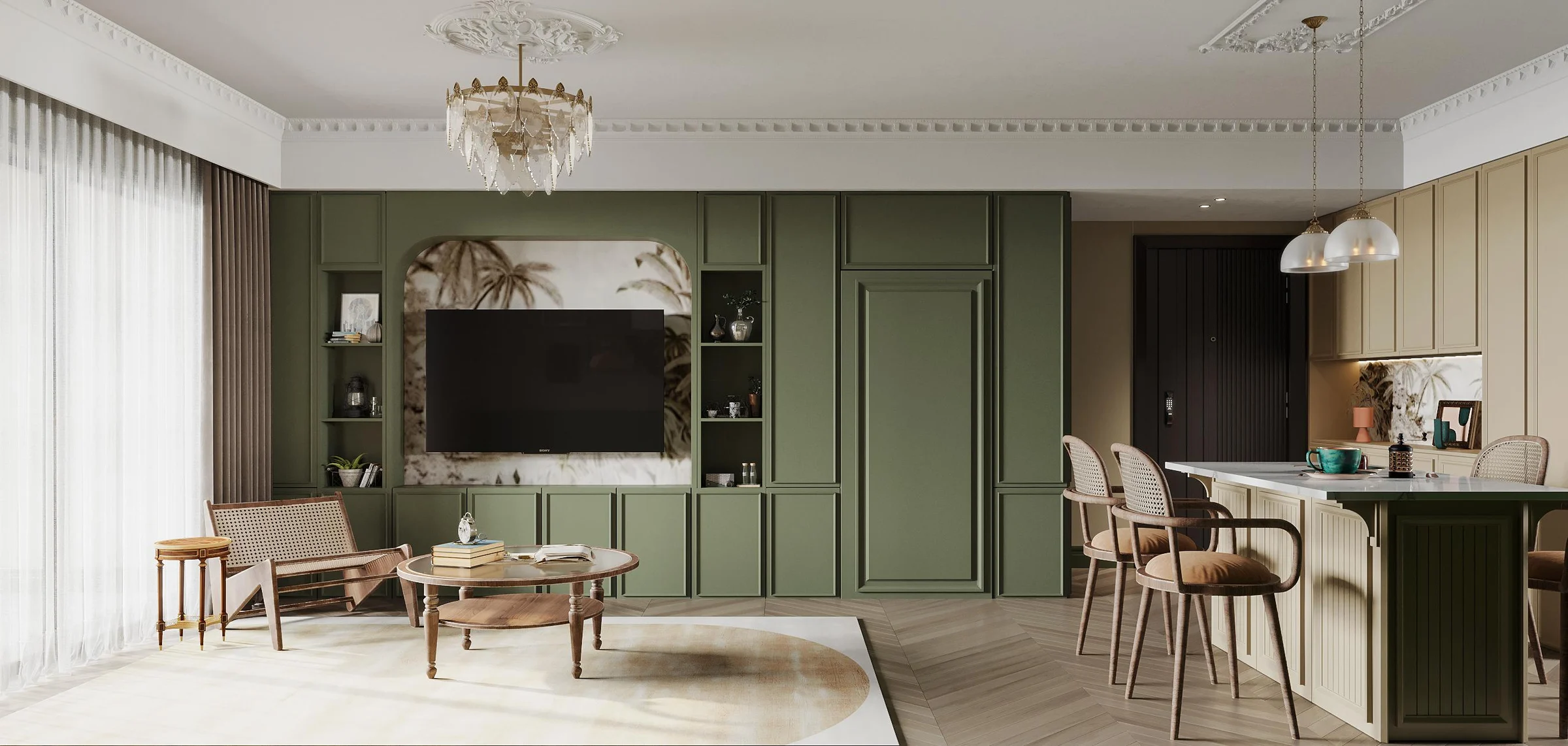 Dining and living-room cabinetry with open display and closed storage