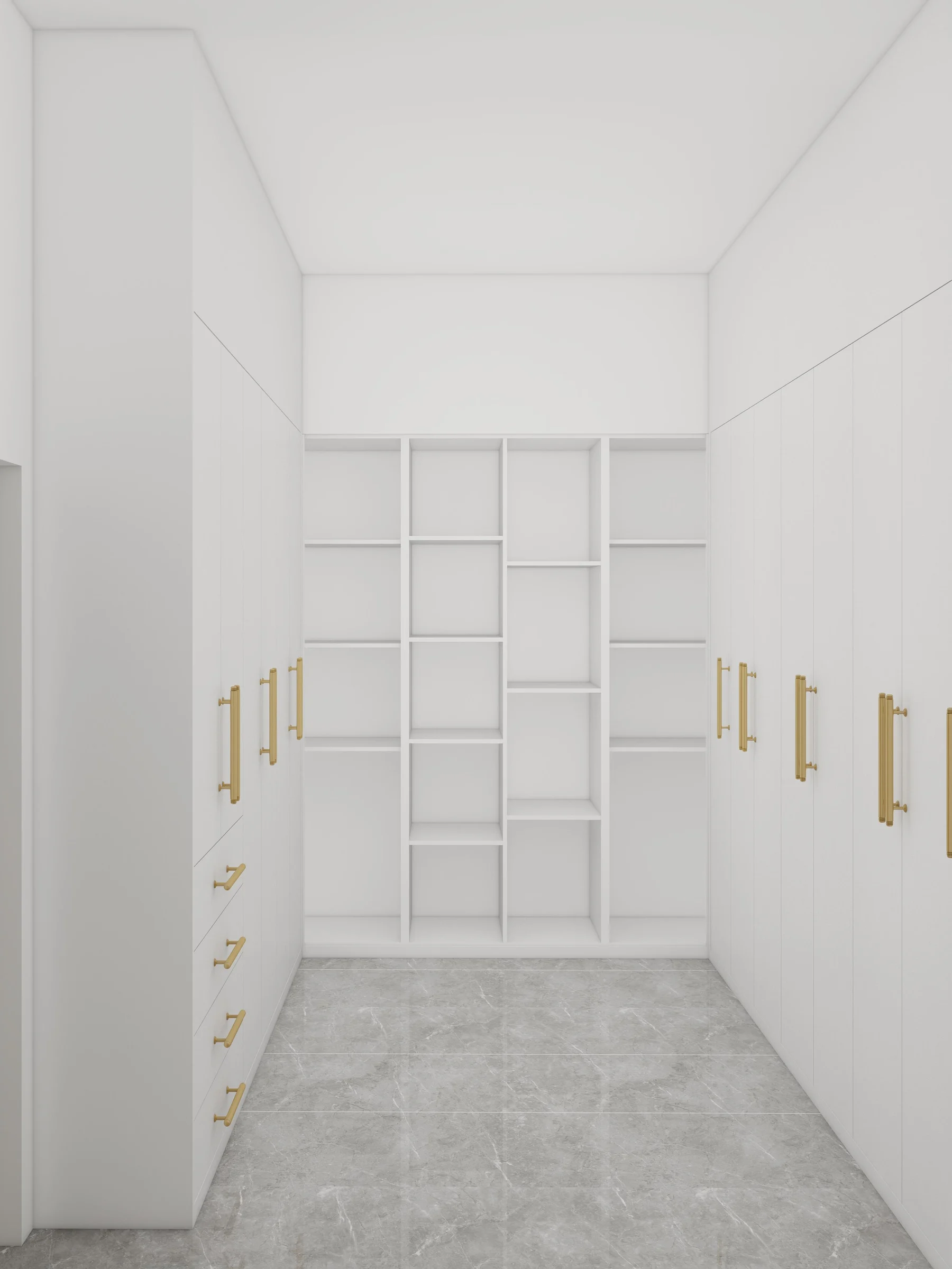 Tall hallway storage cabinetry with open central zone