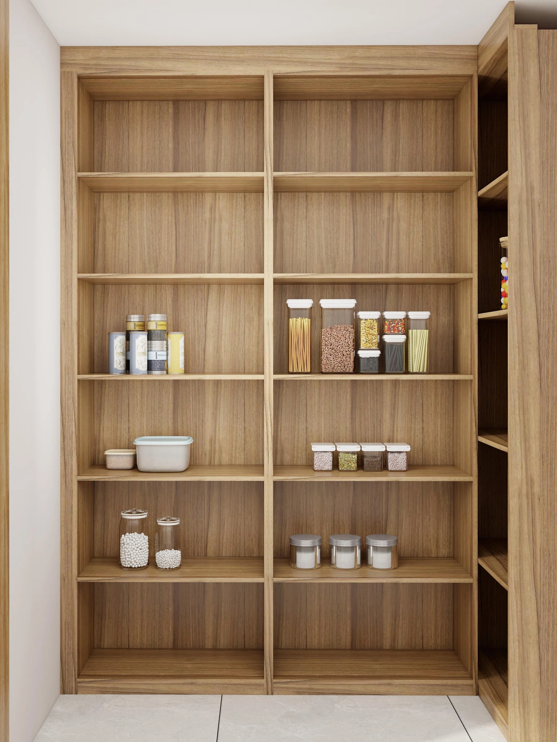Walk-in pantry with shelves holding food containers
