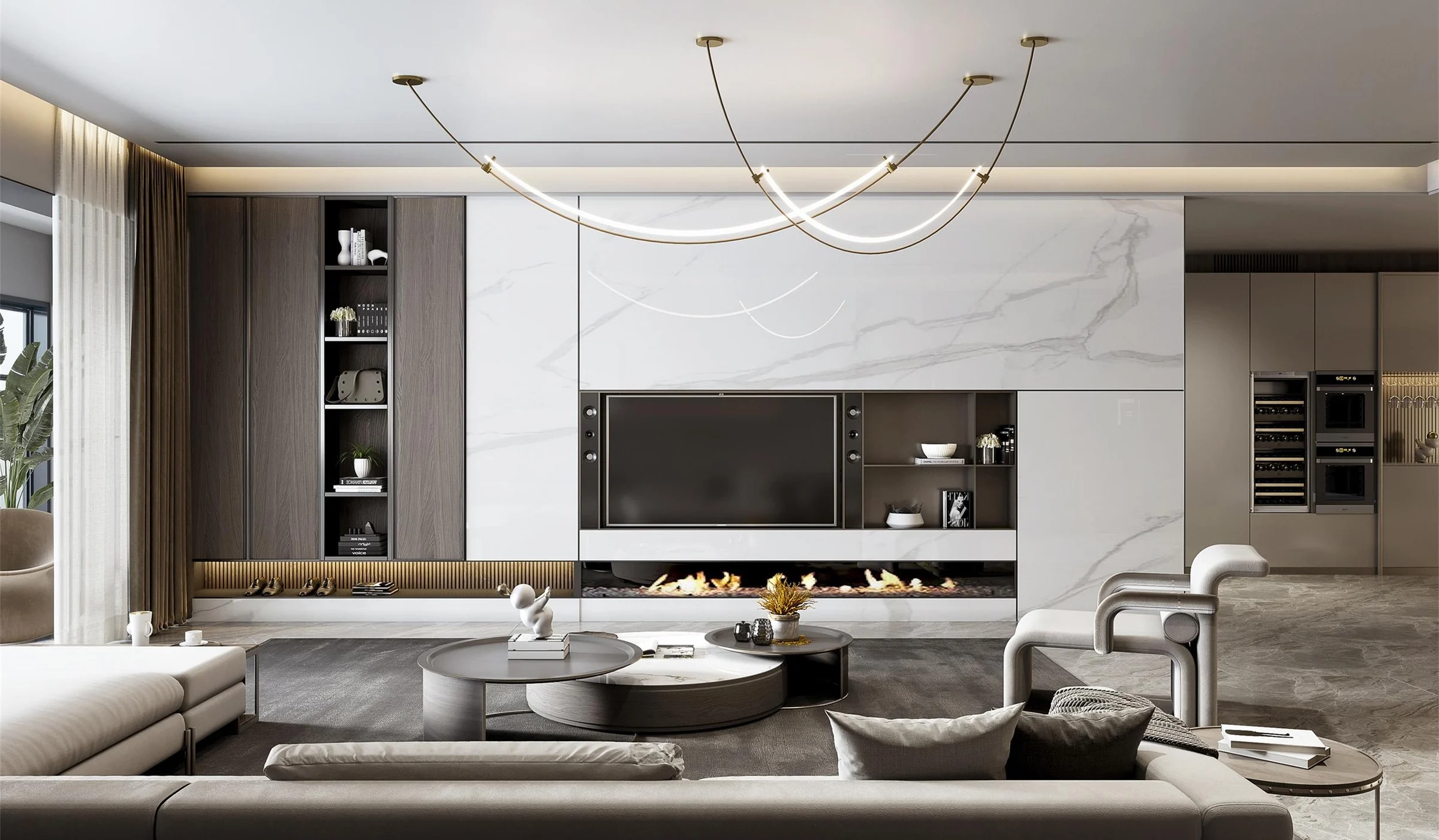Integrated TV wall with closed and illuminated display storage