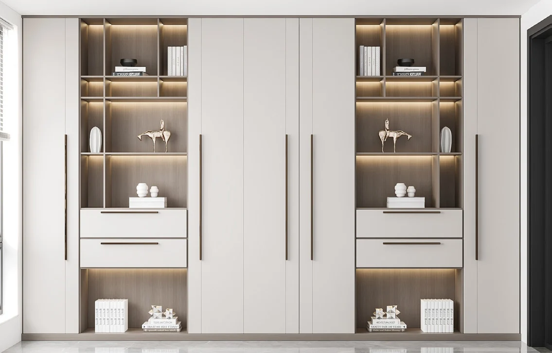 Light hinged wardrobe with illuminated open display sections