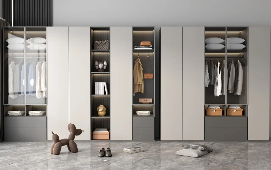 Wood grain and neutral melamine wardrobe with internal compartments
