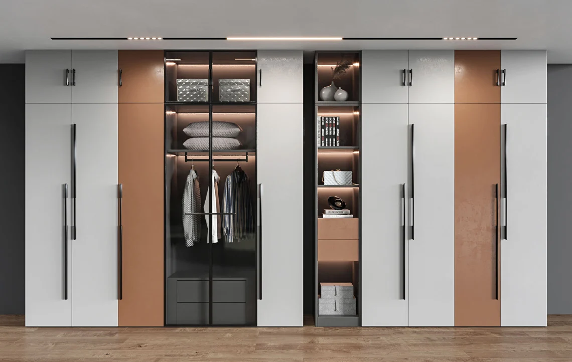 Modern two-tone wardrobe with tall handleless fronts
