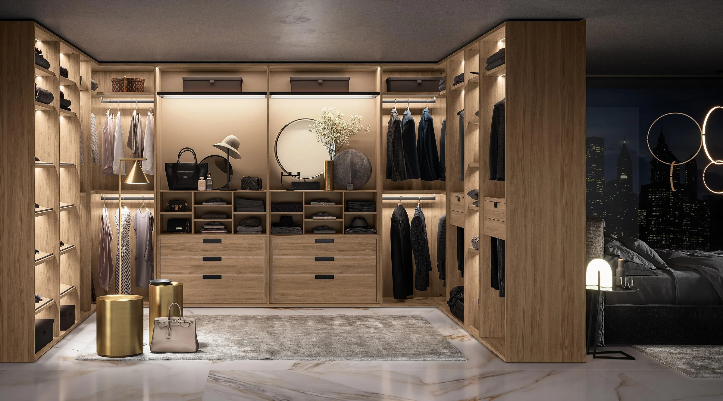 Large illuminated walk-in closet with central island