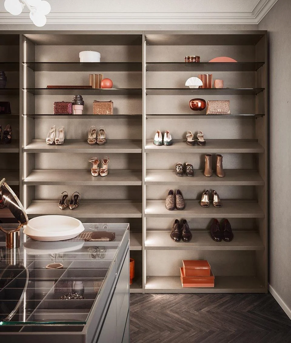 Open wardrobe storage showing hanging, drawer and shelf zoning