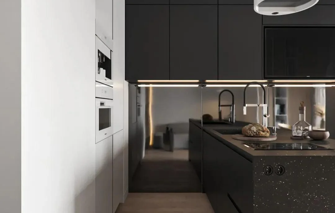 Acrylic cabinet kitchen with smooth slab fronts
