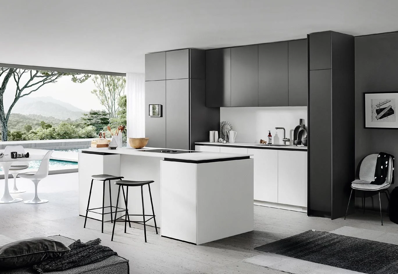 Acrylic feature island and tall cabinets
