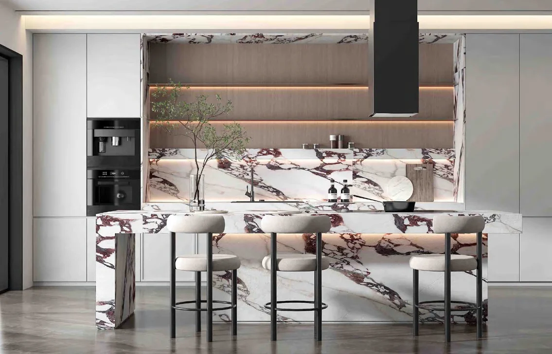 Acrylic cabinet fronts aligned across a kitchen run
