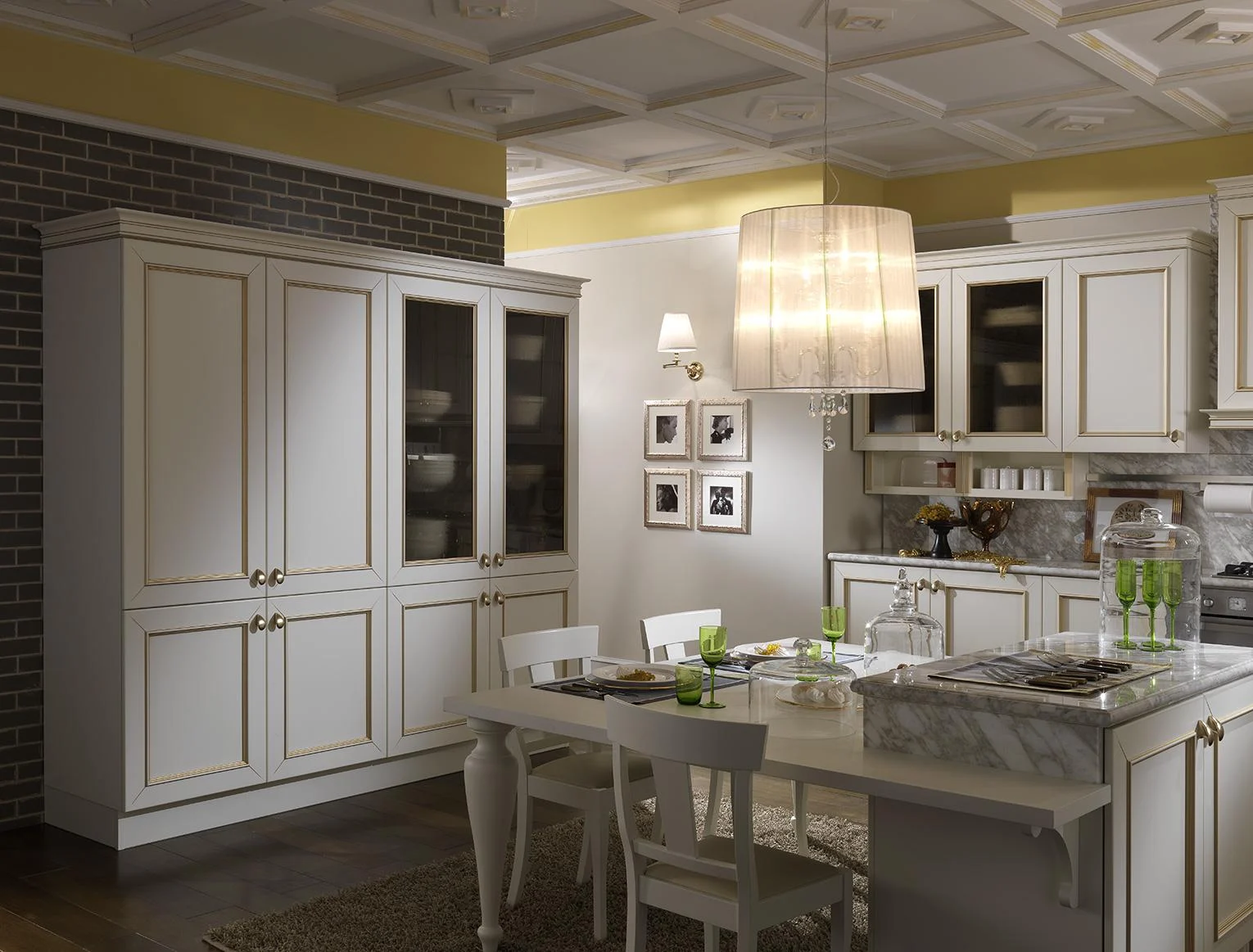 Painted classic kitchen cabinets with mouldings