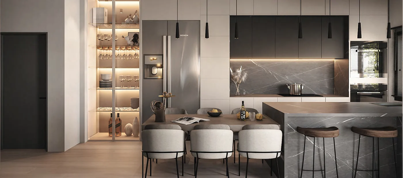 Minimal push-to-open kitchen cabinet composition