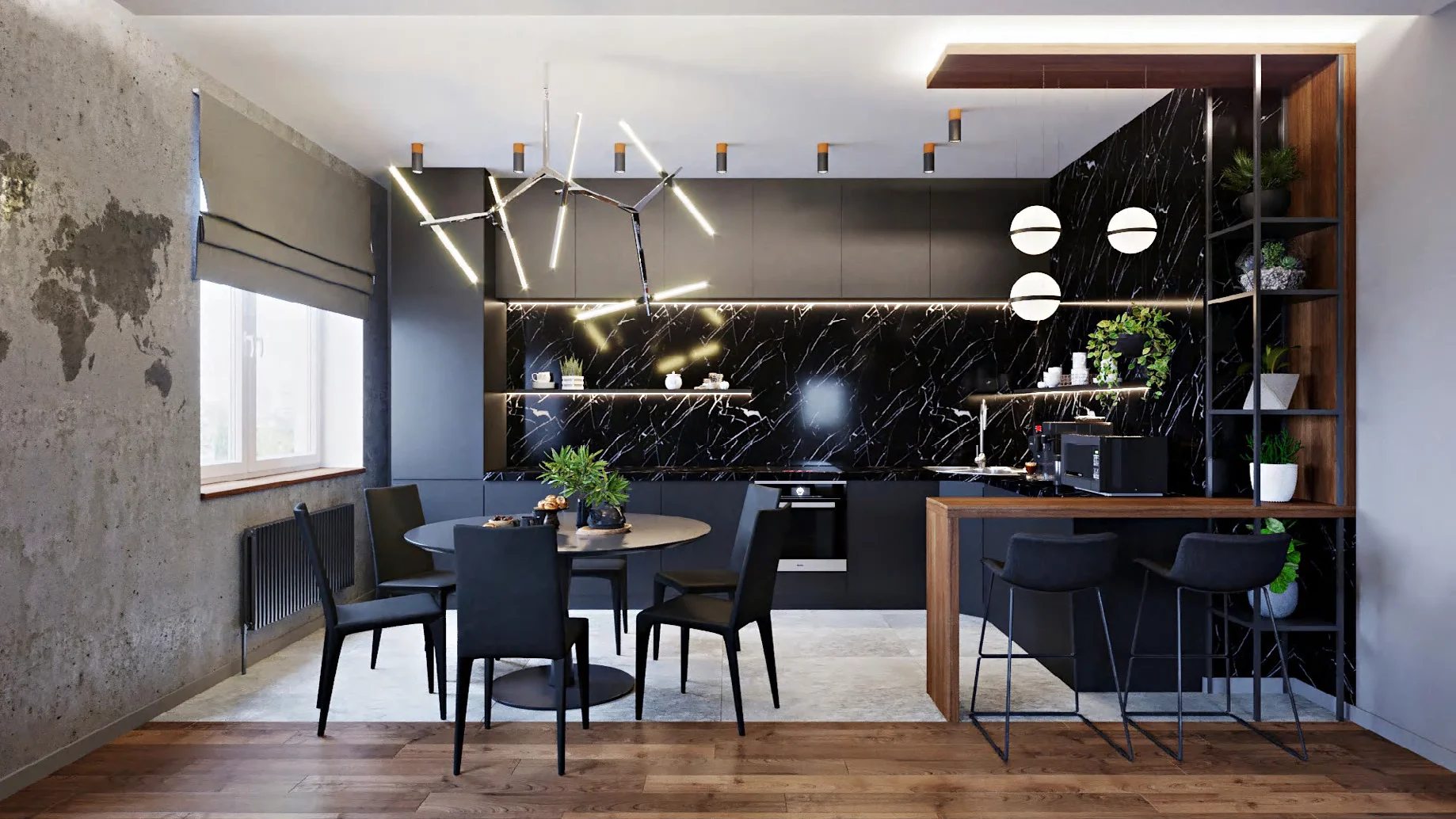 Handleless kitchen island with aligned slab fronts