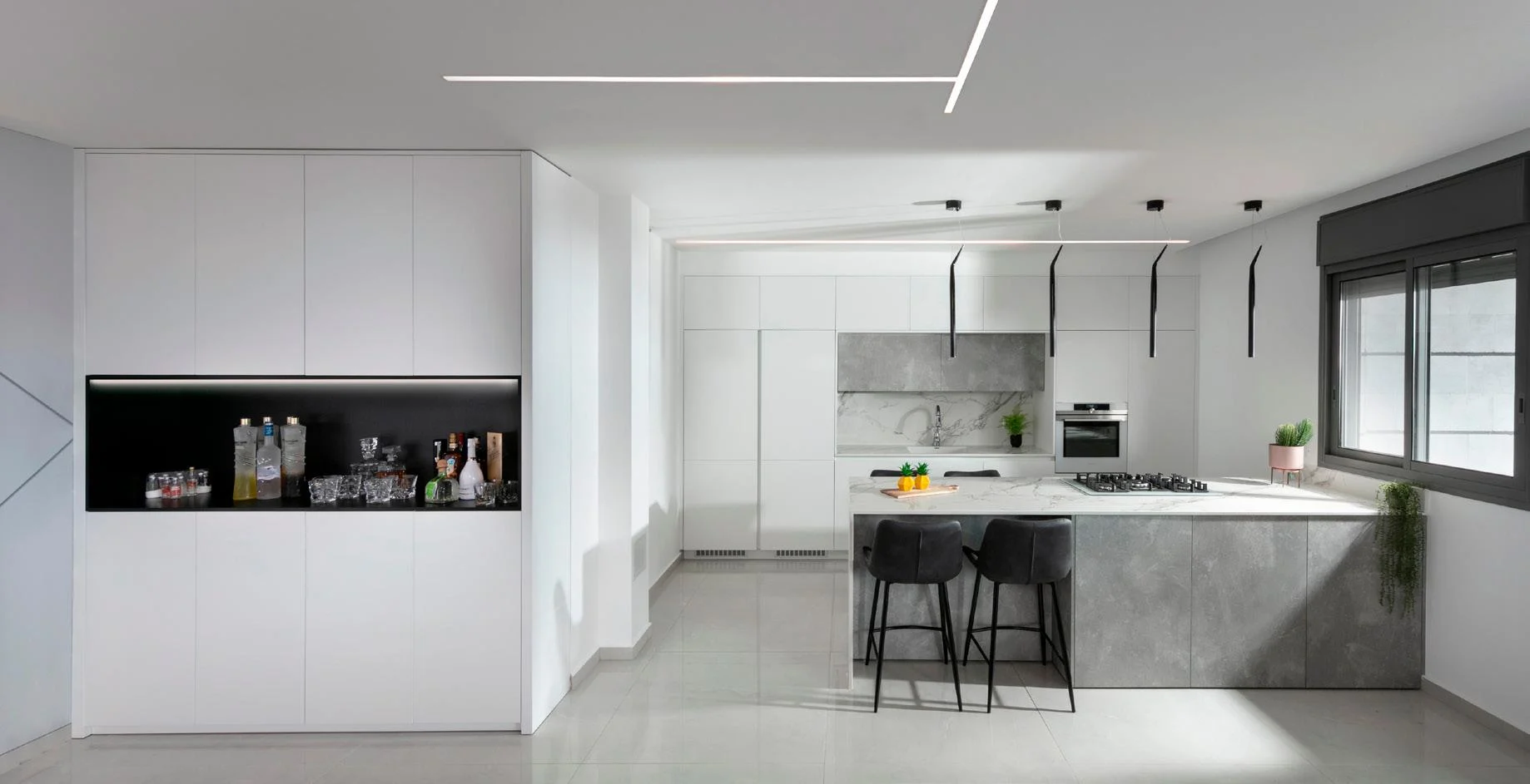Handleless kitchen cabinet elevations and integrated storage