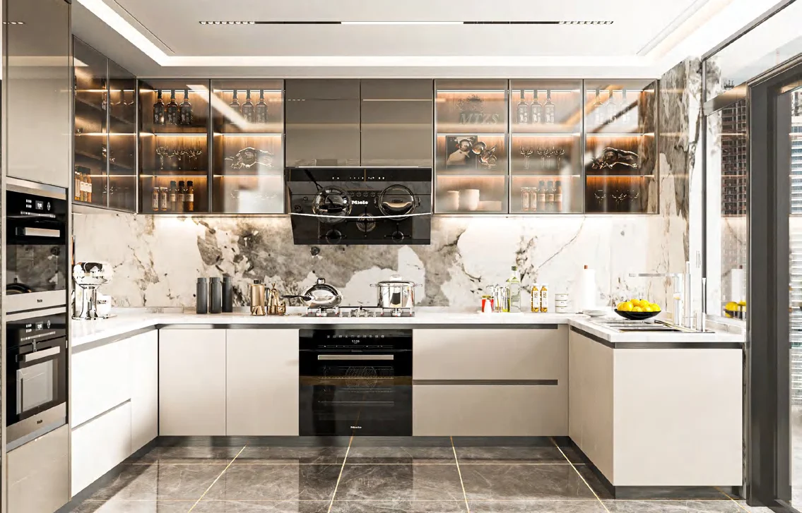 Lacquer cabinet panels beside stone and metal finishes
