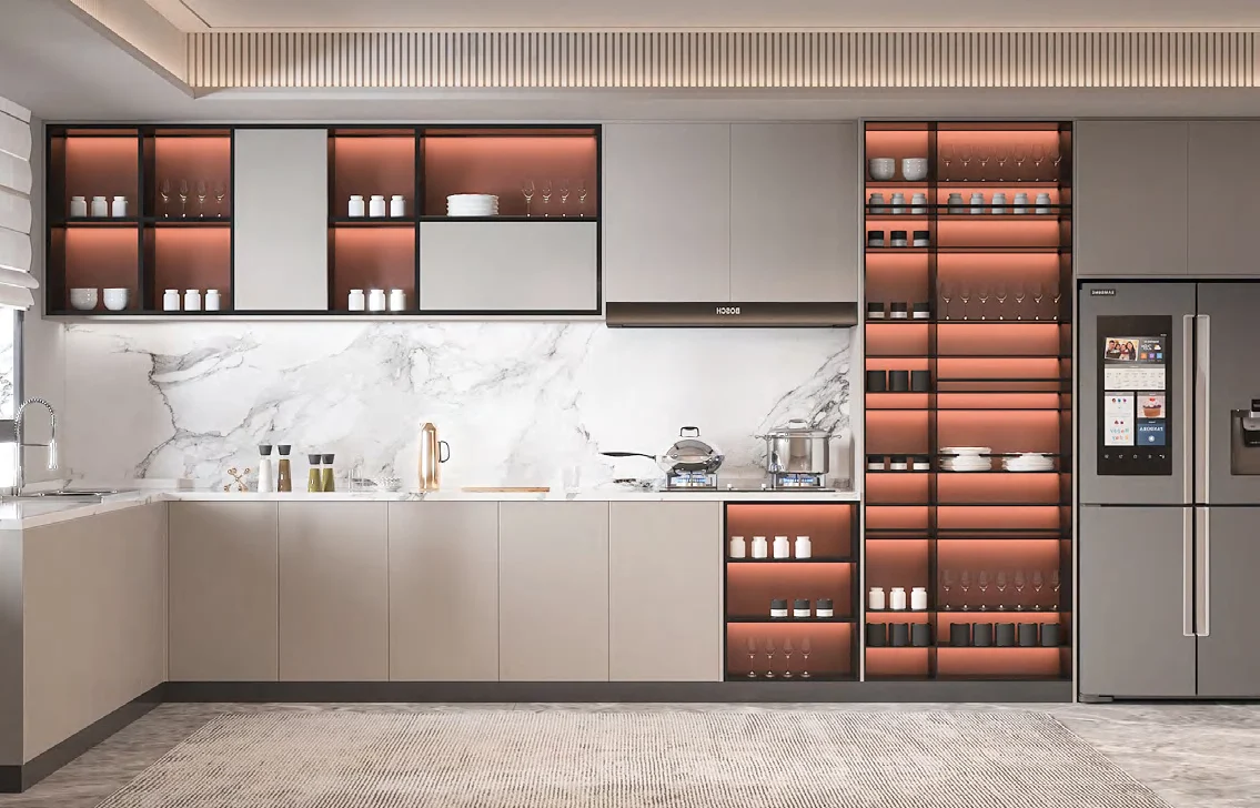 Project kitchen using coordinated melamine cabinetry