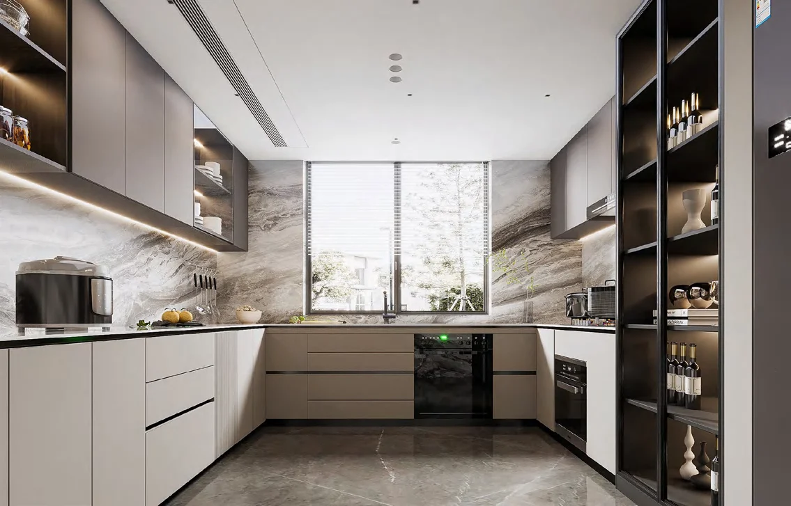 Melamine kitchen cabinets with coordinated wood-grain surfaces