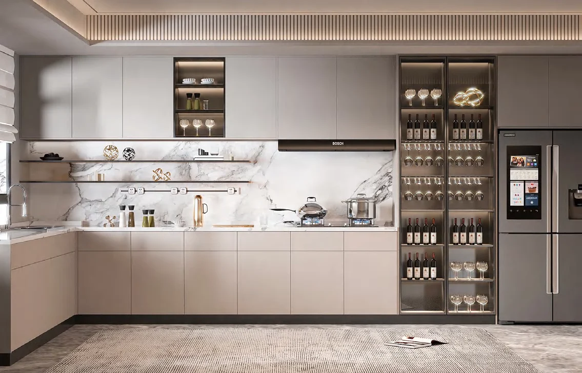 Melamine kitchen cabinetry with coordinated panels and storage