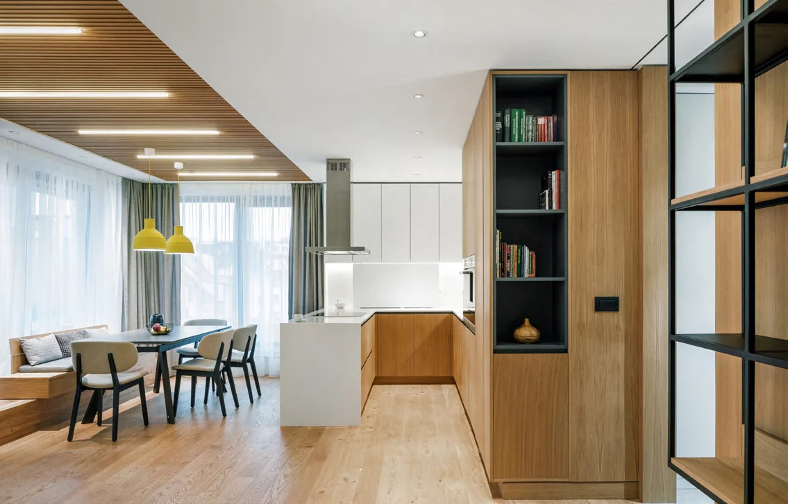 Natural wood veneer kitchen cabinet installation