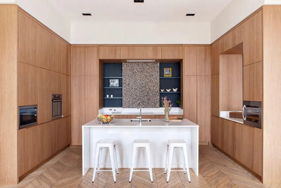 Wood veneer feature kitchen island