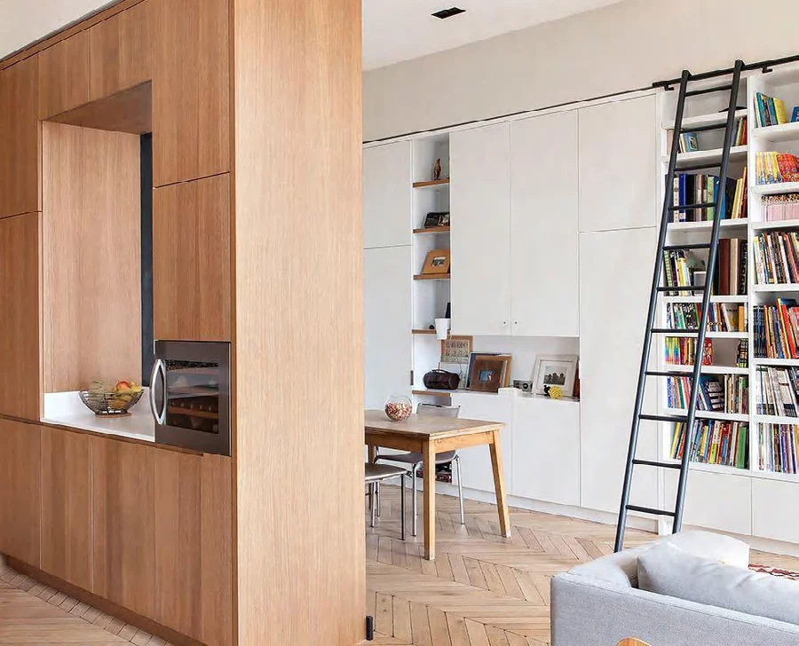 Dark stained veneer kitchen cabinetry