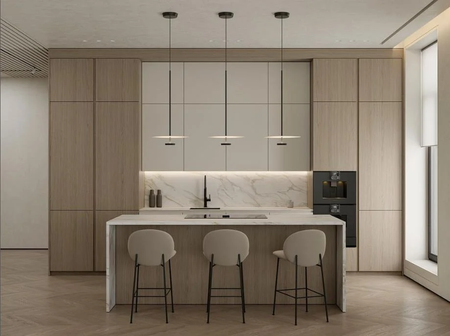Veneer cabinet run with planned grain direction